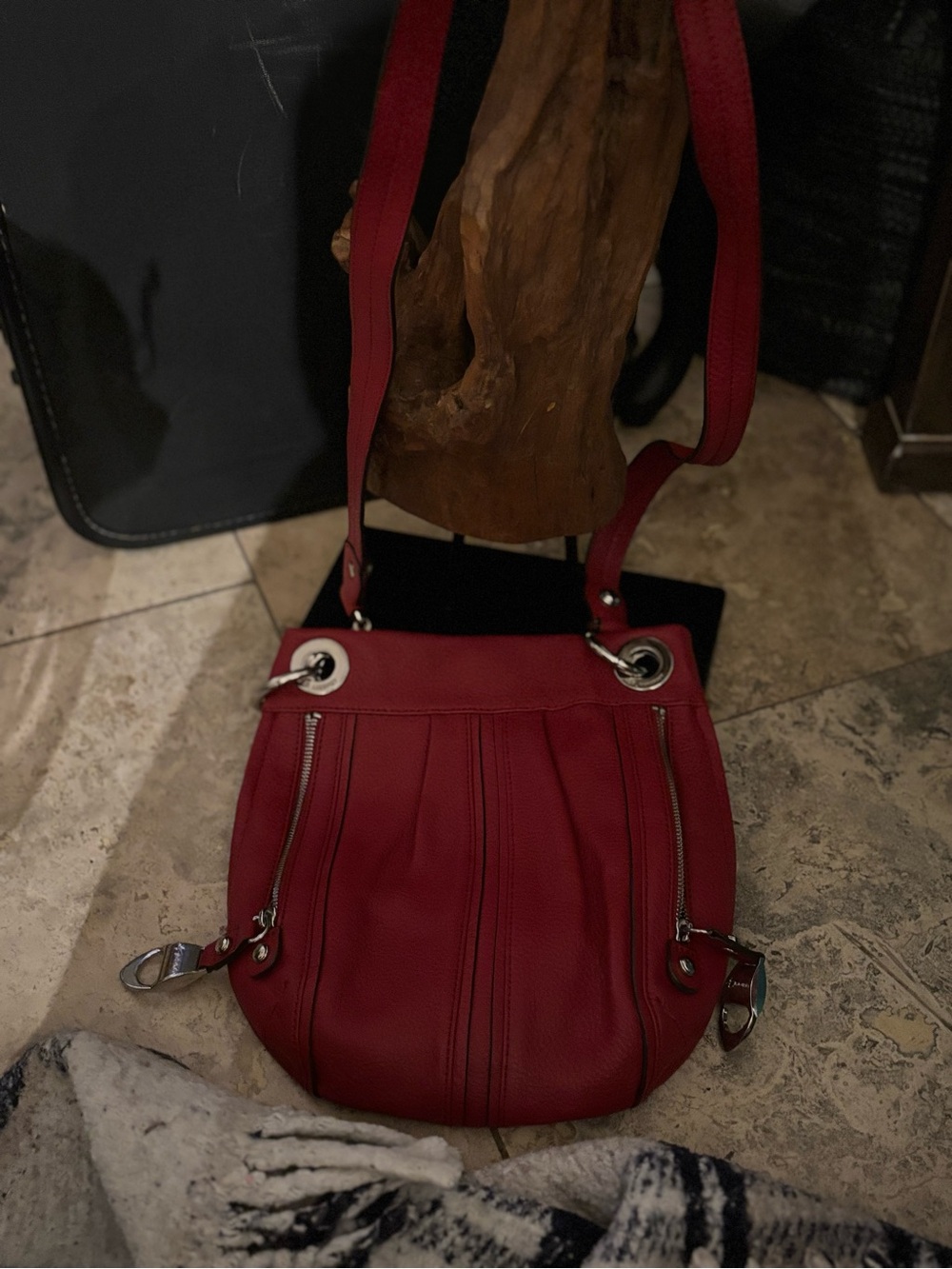 b. makowsky Red Leather Shoulder Bag with Silver Hardware